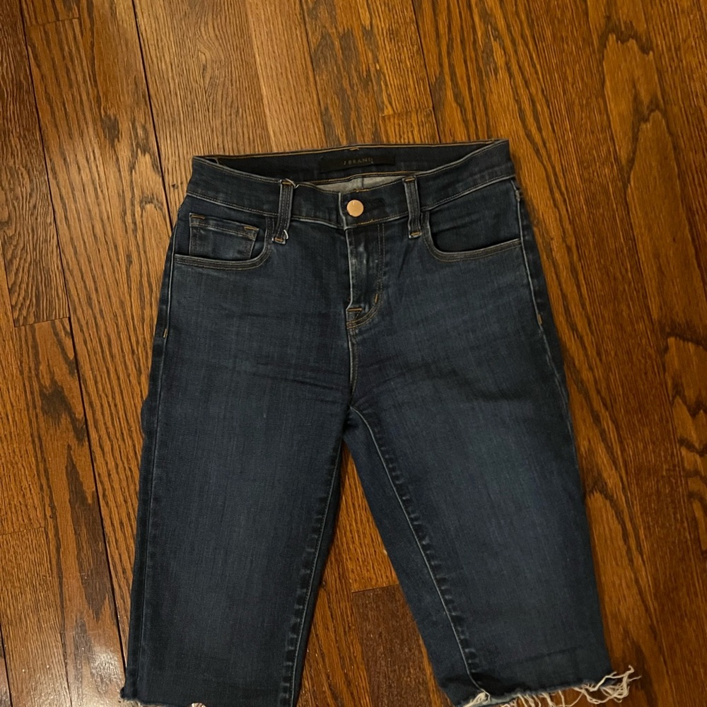 J Brand Dark Blue Cropped Frayed Hem Jeans